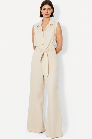 Ivory Single-Breasted Polo Collar Jumpsuit with Belt